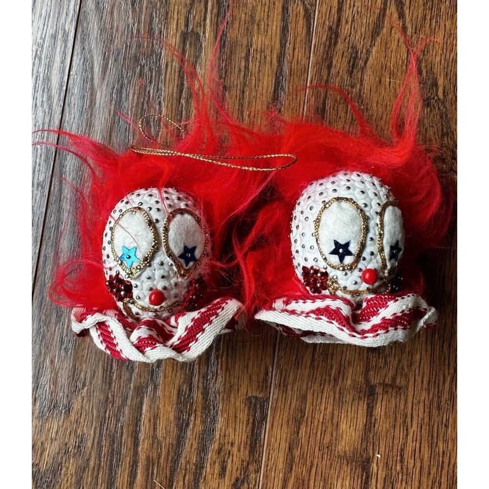 VTG Handmade Clown Christmas Ornaments Red Hair Sequin Beaded Folk Art Set Of 2